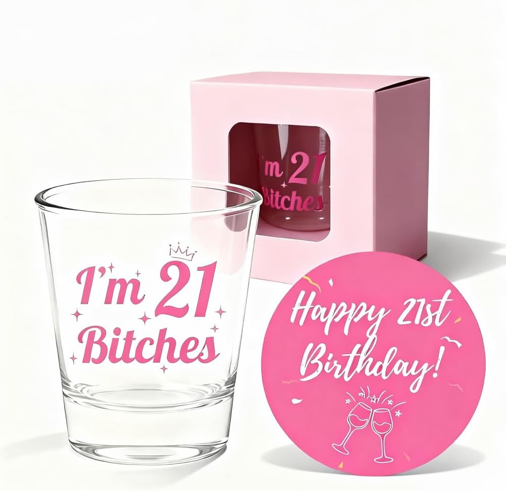 21st Birthday Shot Glass, I'm 21 Pink 2oz Gift for Birthday Girl