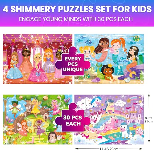 Image of QUOKKA Puzzles for Toddlers 3-5 - Shimmer 4-Pack 30 Pieces Puzzles for Kids Ages 2-4 - Fairy Tale Jigsaw Set with Princess Unicorns for Kids 4-6 Years, Gift for 3 Year-Old Boy Girl, FSC Certified Toy