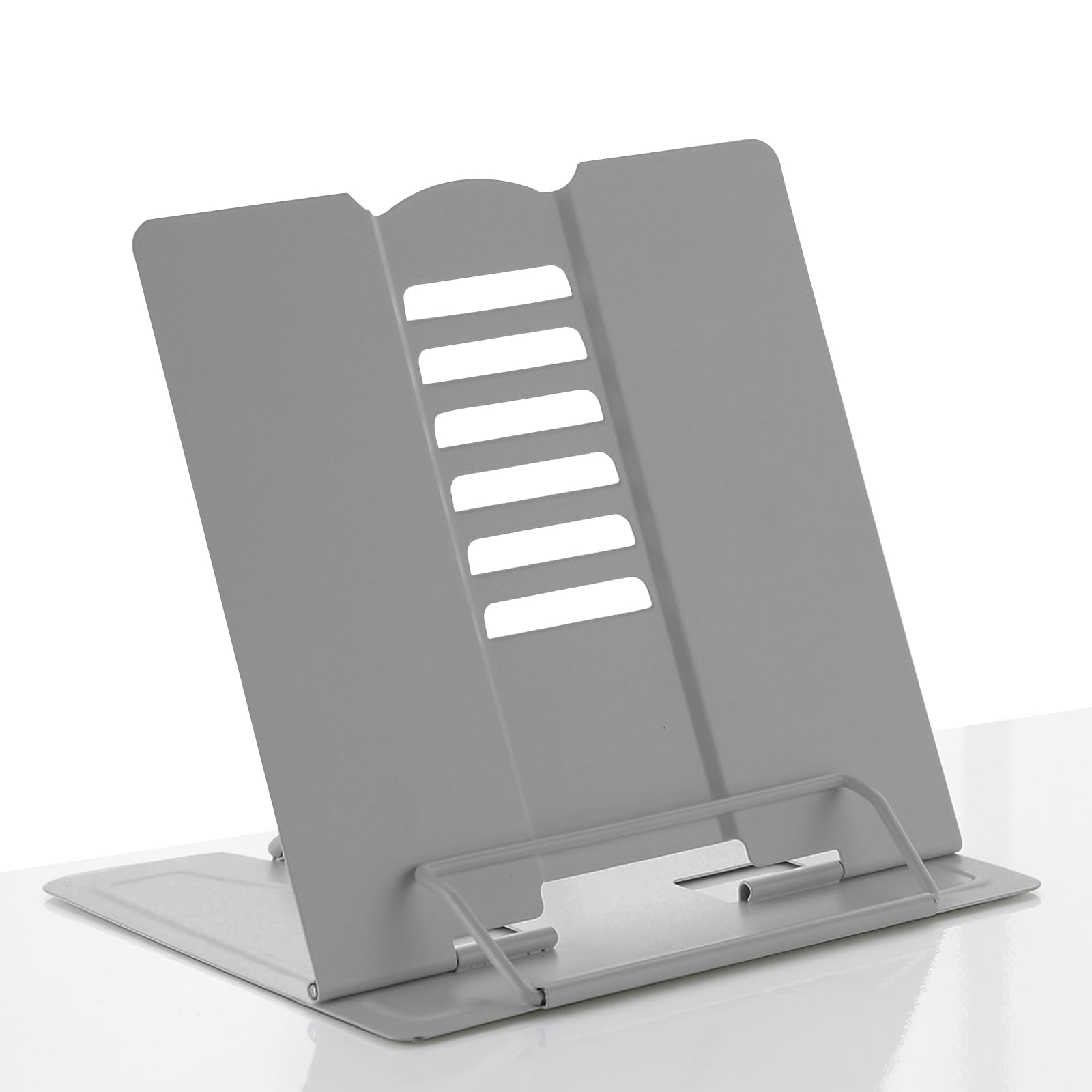 Multifunctional Book Holder - Adjustable Angle Metal Reading Rack, Portable Cook Book Stands for Kitchen Recipe Document Office School Library (Grey)