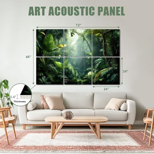 6 Pack Paneles Acústicos Artísticos Absorbentes de Sonido Selva Tropical Verde con Hojas de Palma, Paneles Decorativos para Pared Auto-Adhesivos para Estudios de Grabación y Oficina 72"x48" miniatura 2