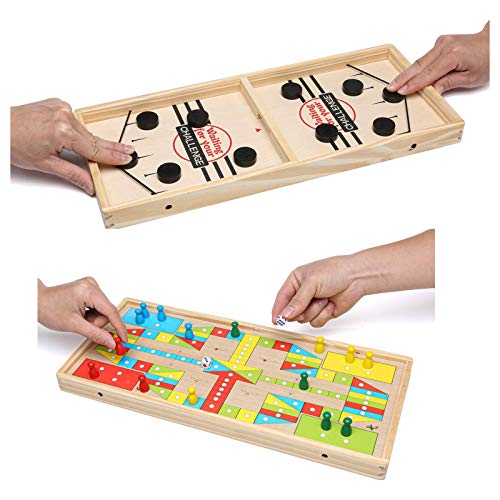 Shevshavan Fast Sling Puck Game 2 in 1 Wooden Hockey Table Game Ludo Set Sling Puck Game Table Top Air Hockey Game Foosball Winner Board Game Double Sided Chess Table Games for Kids and Adults