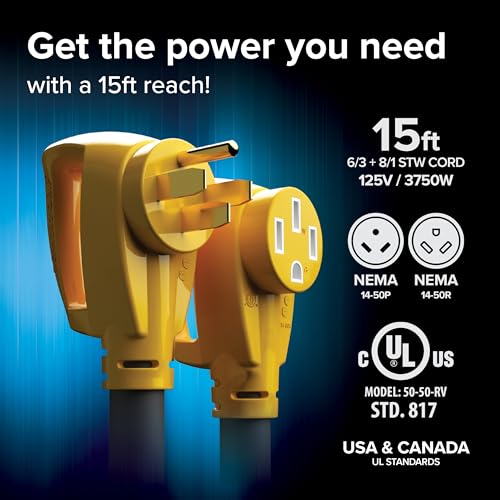 Image of Camco Power Grip 15-Ft 50-Amp Camper /RV Extension Cord - Male to Female (NEMA 14-50P to 14-50R) - Rated for 125-250V /12500W - Features Heavy Duty Copper Wire & Weather Resistant PVC (55194)