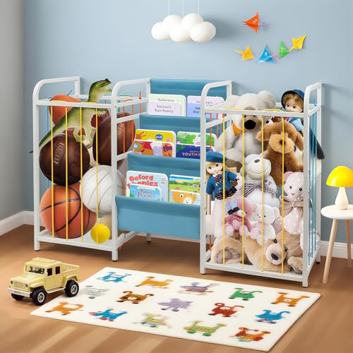 Image of CIXIZUIJIA Kids Bookshelf and Toy Storage – Montessori 3-Tier with Divided Left/Right Toy Bins for Nursery, Playroom (White & Blue)​