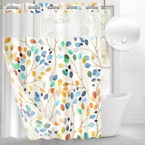 Culudea Colorful Leaves Ivory No Hook Shower Curtain with Snap in Liner, Floral Leaf Modern Bath Curtain with Double Layers Waterproof Fabric and Mesh Top Window 71x74 Inch Cover