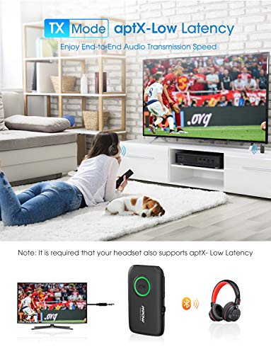 Mpow Bluetooth 5.0 Transmitter Receiver, 2-in-1 Wireless Bluetooth Adapter with aptX Low Latency, aptX HD, Noise-Cancelling, Pair 2 Devices, for TV/Home Sound System/Car/Nintendo Switch