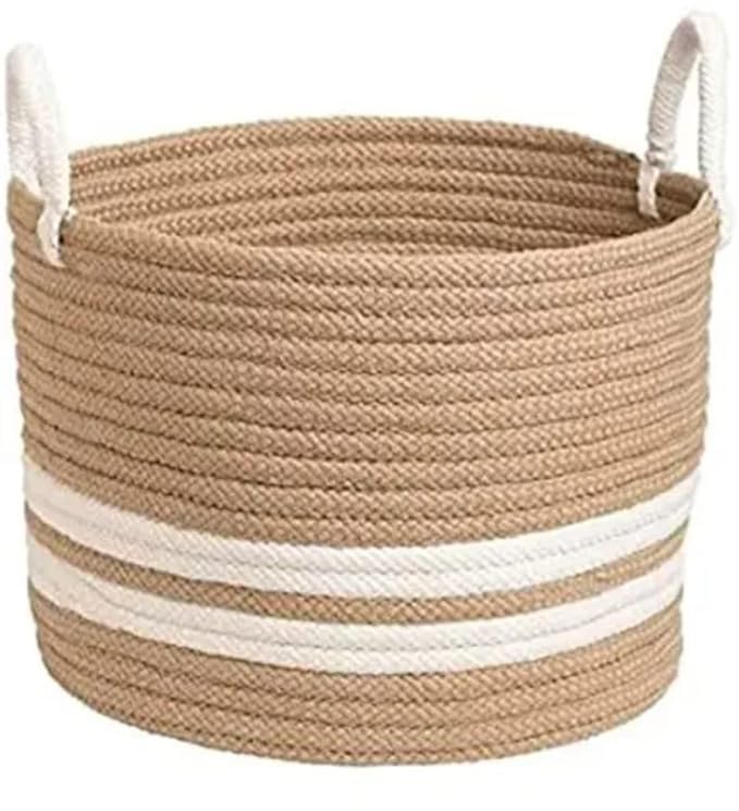 Image of ABEERA Jute & Cotton Big Size Basket for Storage, Clothes, Kitchen (1 Piece with Handle, Beige-White, 20.32 x 20.32 cm) - Round Woven Handcrafted Basket for Toys, Wardrobe, Plants (Small 8x8)