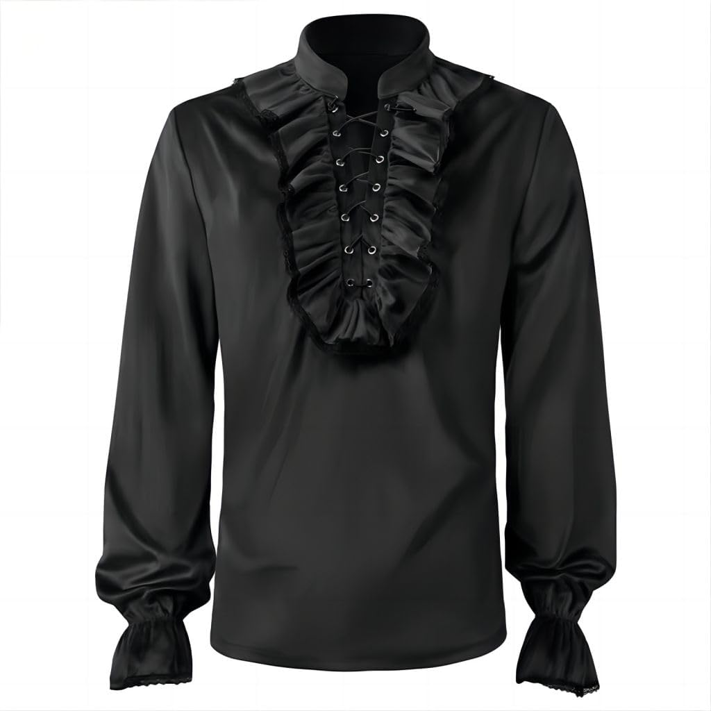 MYAYD Men's pleated collar Shirt Medieval Steampunk Victoria Long sleeves top costume for Halloween