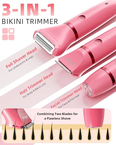 Image of Ufree Bikini Trimmer Electric Razors for Women, Ceramic Blade Body Hair Trimmer, IPX7 Waterproof Rechargeable Lady Shaver, Personal Groomer for Legs & Pubic Hair, Gifts for Women, Rose Red