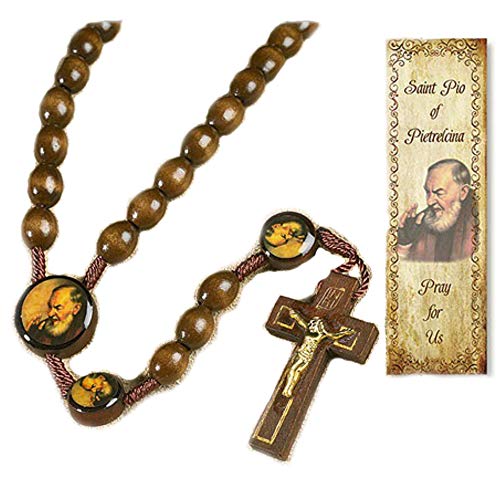 Autom Saint St Padre Pio Pietrelcina 10MM Wood Bead 19" Cord Rosary with Prayer Card (Original Version)3