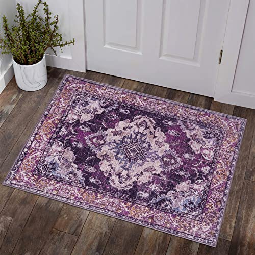 Bohemian Medallion Small Area Rug,2'X3' Purple Chic Washable Entryway Rug Distressed Non-Slip Kitchen Sink Mat Soft Faux Wool Rug Floor Carpet For Entrance Bathroom Living Room #TOP16