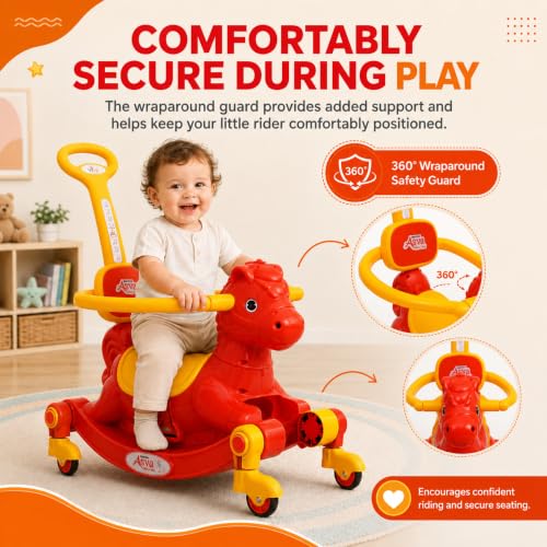 Image of 3 in 1 Baby Horse Rider for Kids 1-5 Years with Parent Handle, Rocking Horse, Ride On Toy, 360 Safety Guard, Music, Swivel Wheels, Backrest, Baby Ride On for Boys & Girls (Red)