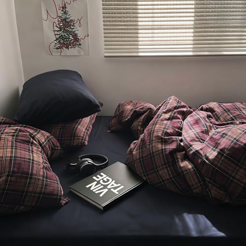 Image of mixinni Vintage Burgundy Buffalo Plaid Comforter Cover Set Twin Size - 3 Piece Mid-Century Modern Washed Cotton Bedding, Soft Breathable Grid Duvet Cover with Matching Pillowcases for All-Season