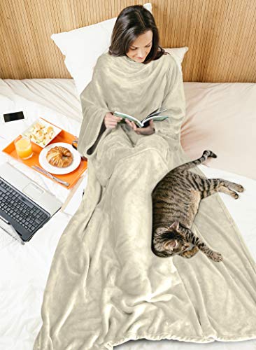 Fleece Wearable Blanket with Sleeves for Women Men, Super Soft Warm Cozy Micro