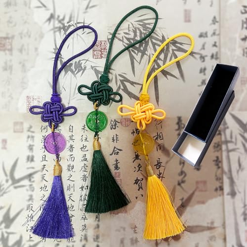 3 PCS Tassels, Feng Shui Coin, Crystal Coin with Chinese Knot String, Combining Traditional Chinese Knot with Modern Crystal Energy ? Wealth, Good Luck, and Success -?Green ?Yellow ANG Purple?