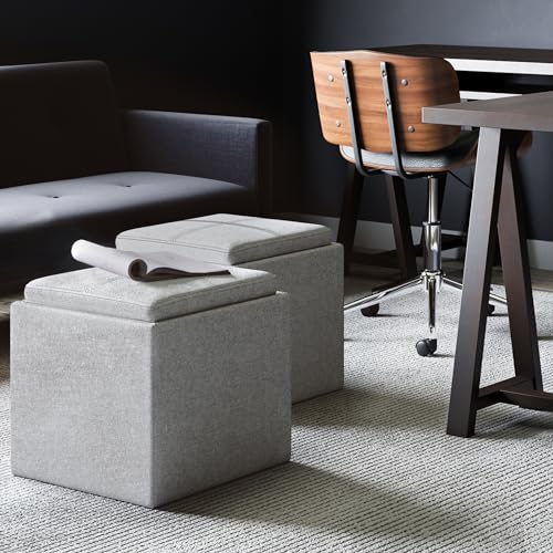 image for SIMPLIHOME Rockwood Cube Storage Ottoman with Tray - 17 inch Wide Upho