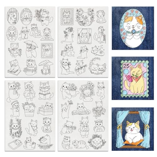 BENECREAT 4 Sheets 49pcs Cat and Flower Water Soluble Stabilizer Hand Sewing Stabilizers, Flower with Animal Transfer Washable Stick and Stitch Embroidery Paper for Hand Sewing Beginners