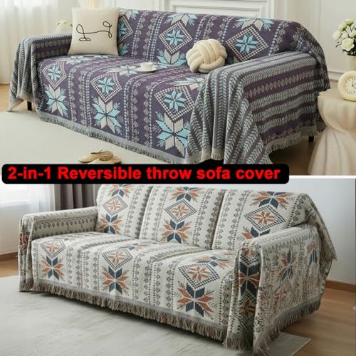 Image of The Furnishing Tree Reversible Double Sided Chenille Throw Sofa Cover, Anti-Slip Couch Cover, Comfy Sofa Towel for All Seasons, 3 Seater, Geometric and Floral Pattern White and Grey