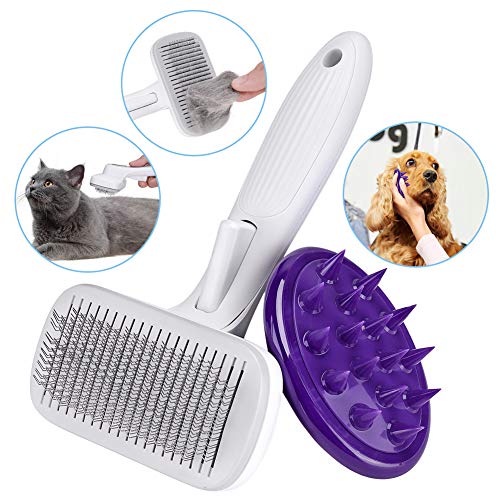 Pet Self Cleaning Slicker Brush + Hair Scalp Massager for Dog Cats Grooming Brushes Set Professional Hair Remover Animals Bathing Tools Soft Silicone Shampoo Brush (Pink)