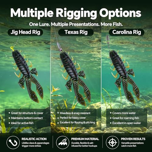 Image of Battle Craw Soft Plastic Crawfish Lures Kit with Removable Rattles | Salt Infused Creature Bait for Bass Fishing, Texas Rig & Jig Trailer Lure in Tackle Box, Realistic 1:1 Claw-to-body 4.1 /5.5in