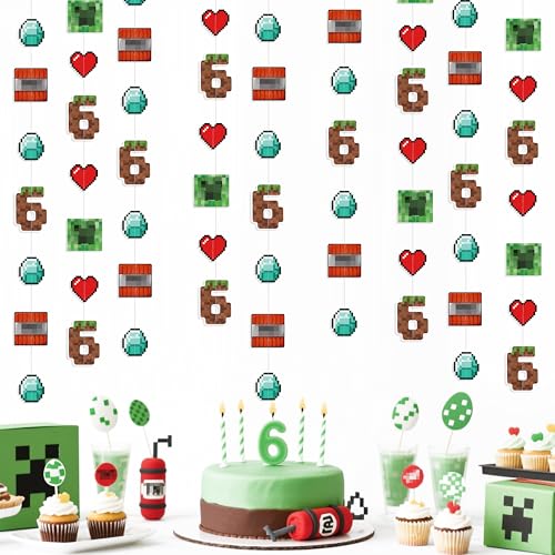 Image of 46Ft Pixel 6th Birthday Party Decorations Green Brown Miner Themed Garland Streamer for Kids Boys 6th Mining Craft Birthday Pixel Miner Gamer Cartoon Baby Shower Mining Party Decor Supplies