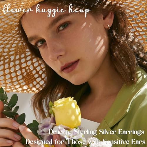 MILACOLATO 925 Sterling Silver Small Hoop Earrings for Women 14K Gold Plated Daisy Huggie Hoop Earrings Pave Rainbow Cubic Zirconia Cute Flower Hoop Earrings Hypoallergenic Earrings3