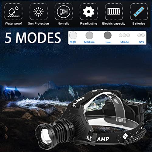 BXE Headlamp,Brightest Head lamp, High LM Super Bright Headlamp USB Rechargeable 5 Modes Waterproof, with 9600mah Rechargeable Battery, Suitable for Camping, Night Riding