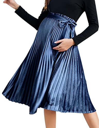FUNJULY Maternity Skirts Velvet High Elastic Waisted A Line Pleated Ruffle Casual Flowy Swing Holiday Skirt with Belt Blue L