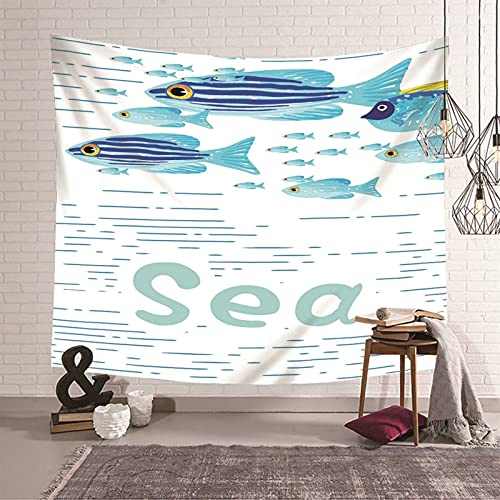 Tapiz de pared de poliéster azul lavable y resistente con estampado de peces 2