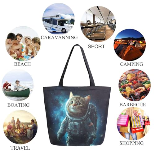 Space Cat Astronaut Extra Large Canvas Gym Shoulder Tote,Durable Daily Reusable Top Handle Bag for Mens Womens Yoga Weekender Picnic Beach Travel Market Shopping4