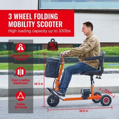 Happybuy Foldable 3-Wheel Mobility Scooter for Seniors, Portable Electric Powered Scooter with 12 Mile Long Range, All-Terrain Travel Wheelchair, 48V Lithium-Ion Battery, Supports Up to 330LBS