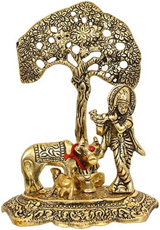 eCraftIndia Lord Krishna Playing Flute Under Tree with Golden Cow and Calf Showpiece