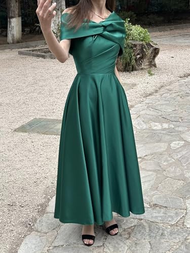 Verngo One Shoulder Mother of The Bride Dresses for Women Satin Ruffle A Line Formal Prom Evening Gowns with Pockets4