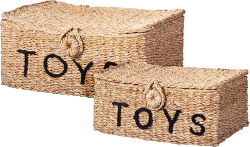 Jack Stonehouse JSH Natural Storage Toy Baskets Set of 2 | Natural Seagrass & Jute Home Organiser Box | Perfect For Kids Toys Blankets Towels Playroom Nursery Bedroom | Large & Small 39cm & 34cm