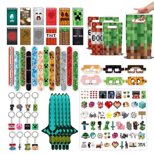 120 PCS Party Favors for Pixel Theme Birthday Party Supplies Goodie Bag Stuffers Favors includes 50 Stickers 12 Gift Bags 12 Wristbands 12 Keychains 10 Sword Foil Balloons 12 masks 12 Mini Notepads.
