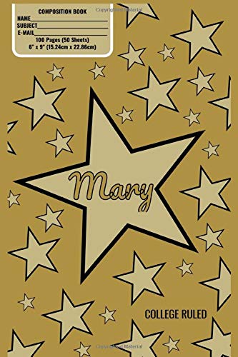 Mary Monogram Composition Book, Gold Stars Pattern Matte Cover, College Ruled Pages: 6x9 Inches, 100 Pages, Personalized and Perfect for Class, Work, Journaling, Recipes, Notes