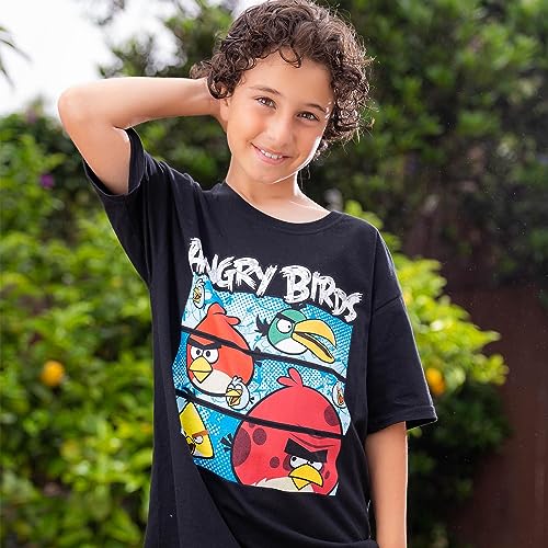 Angry Birds Official Three Comic Panels Printed Short Sleeve 100% Cotton T-Shirt for Boys, Girls, Unisex Black3