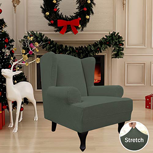 Image of Easy-Going Stretch Large Wingback Chair Sofa Slipcover Olive Green | 1-Piece Sofa Cover Furniture Protector Couch Soft with Elastic Bottom, Spandex Jacquard Fabric Small Checks