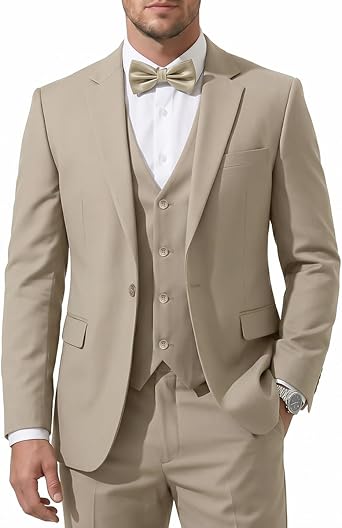 بدلة رجالية بقصّة Slim Fit مكونة من 3 قطع مع ربطة عنق على شكل فراشة، طقم سترة بليزر بزر واحد لحفلات الزفاف، بدلة رسمية للرجال