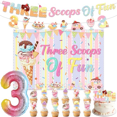 Three Scoops of Fun Decorations for Girls, Ice-cream 3rd Birthday Decor