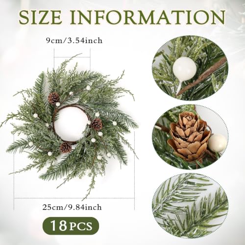 Image of 18 PCS Christmas Wreath Candle Rings Mini Wreath Pine Garland Artificial Frosted Cedar and Pine Cone Candle Rings Holder for Christmas Wedding Home Table Centerpiece Door Window Chair Wall