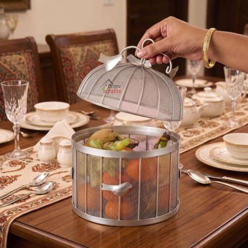 Image of Decorative Insect-Resistant Fruit and Vegetables Basket with Lid | Countertop Mesh (Jaali) Design Fruit Storage Basket for Kitchen, Dining Table, Living Room (Silver, Design 3)