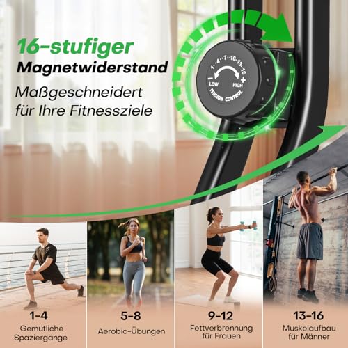 Heimtrainer Fahrrad Klappbar, VANNECT Hometrainer Fahrrad Klappbar, Ergometer Heimtrainer mit 16 Stufen Magnetwiderstand, Herzfrequenzsensor, LCD-Monitor & Komfort-Sitz für Zuhause & Büro, bis 150kg