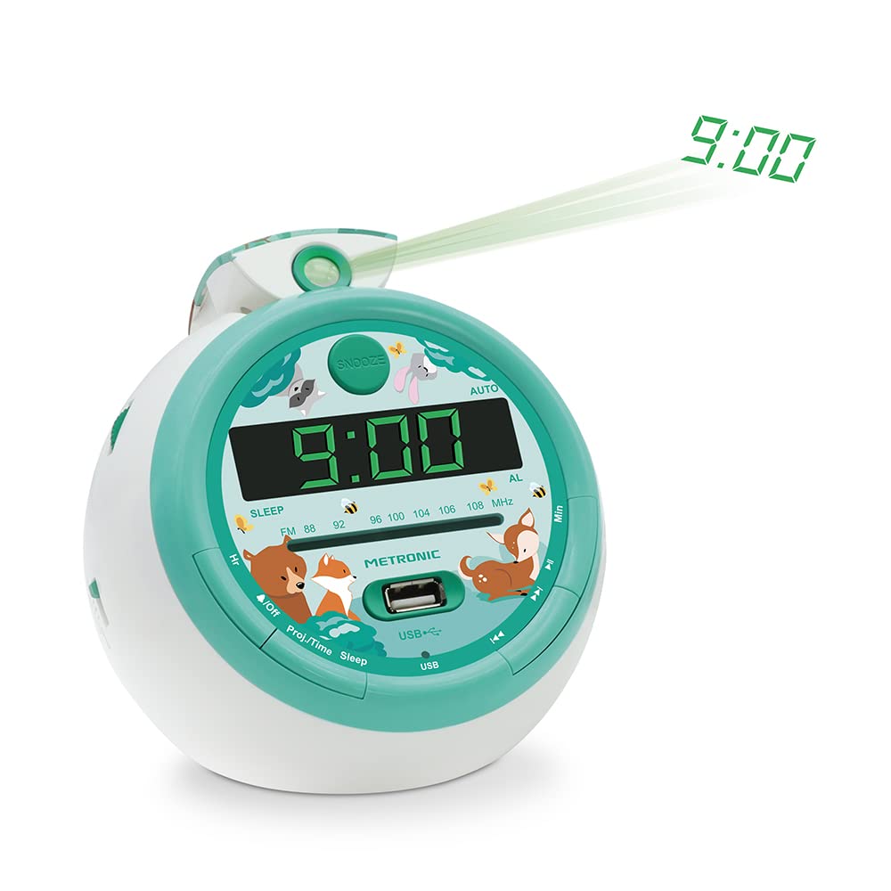Metronic 477343 - Radio Reloj Despertador Digital para niños, con Reloj proyector Techo para Leer la Hora, diseño Infantil Forest con Animales del Bosque, Doble Alarma Radio FM, Toma USB