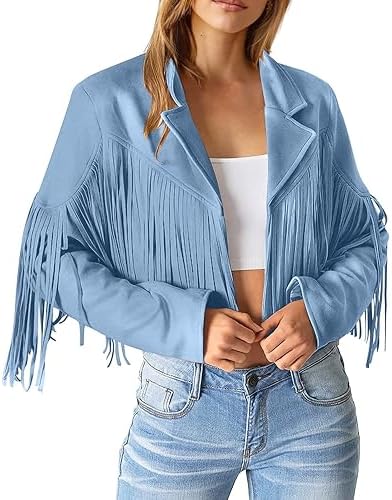 Women's Fringe Faux Suede Leather Jackets 2024 Sleeve Slim Tassel Lapel Coats Western Cowgirl Suede Leather Jacket