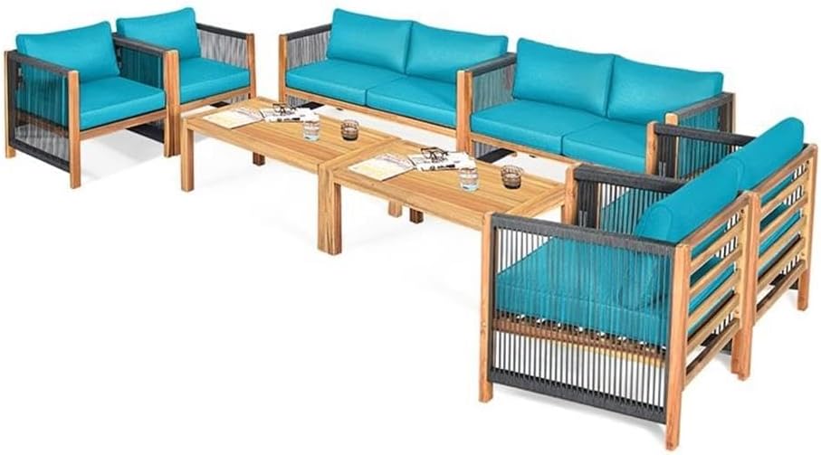 Pemberly Row 8-Piece Wood Patio Furniture Set, Turquoise Cushions, Acacia Wood Frames, Rope Armrests, Modern Outdoor Sofa Set for Garden, Backyard, or Poolside Use, Includes Chairs, Loveseats, Tables