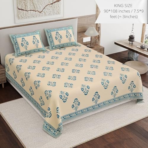 Image of Living Roots Ethnic Jaipur Block Print Double Cotton Bedsheet & 2 Pillow Covers, for Mattress Upto 6 inches Thick, No Colour Bleeding, Blue Colour, King Size 90 * 108 inches, 120TC (611-B)