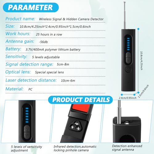 Image of Hidden Camera Detectors, Listening Device Detector, GPS Tracker Detector, Anti-Spy Detector, Bug Detector Electronic Sweeper, RF Signal Detector, 5 Levels Sensitivity 4 Modes, 30H Working Time Black