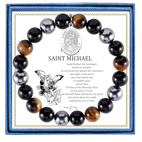 LIUANAN St Michael Bracelet for Men with Tiger Eye, Hematite, and Obsidian Saint Michael the Archangel Religious Gift Christian Faith Jewelry Protection Bracelet