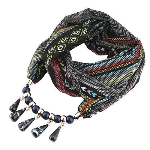 Redriver Fashion Bohemian Ethnic Jewelry Pendant Chiffon Scarf Necklace For Women (Black)