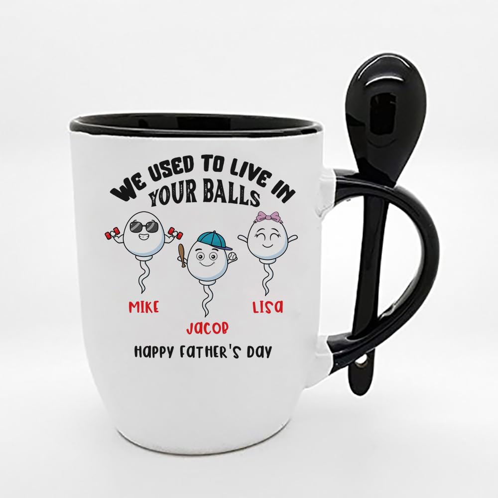 Personalized We Used to Live in Your Balls Mug, Funny Swimming Champion Custom Kida Name, Father's Day Gift Coffee Mug,Tea Mug Soup Daily use 11oz Inside Coloured with Spoon Coffee Mug. (Black)